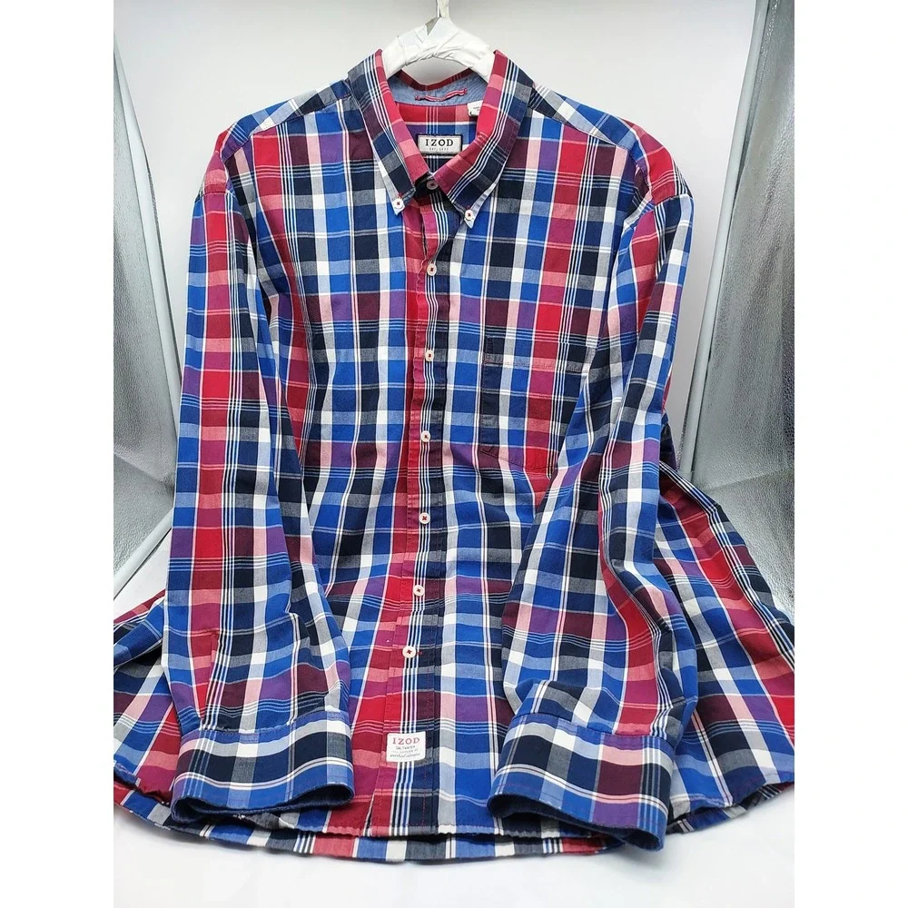 IZOD Men's XL Plaid Button Down Long‎ Sleeve Shirt Casual Classic